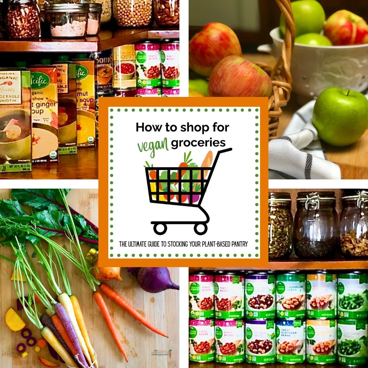 A collage of plant based foods, fresh produce, and vegan canned and bottled foods in a pantry.