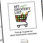 The cover and pages to a downloadable vegan grocery list.