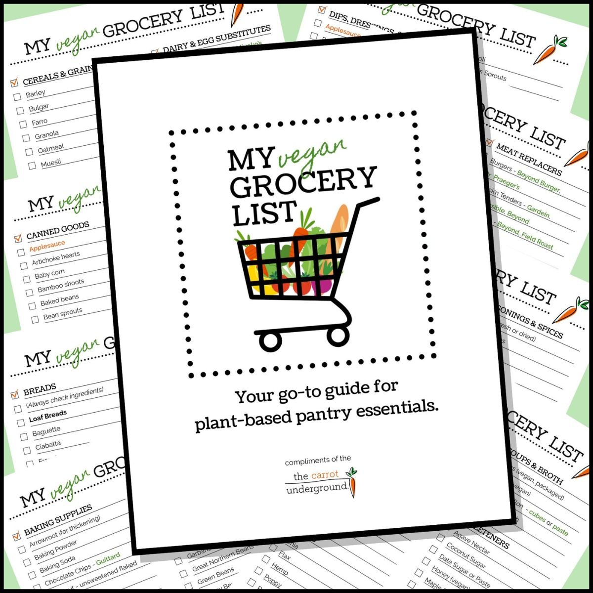 The cover and pages to a downloadable vegan grocery list.