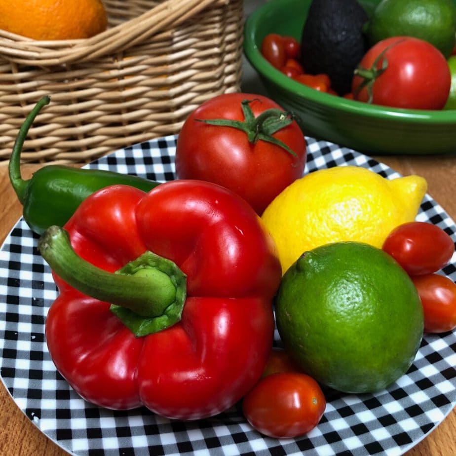 red bell pepper, lemon, lime, tomatoes