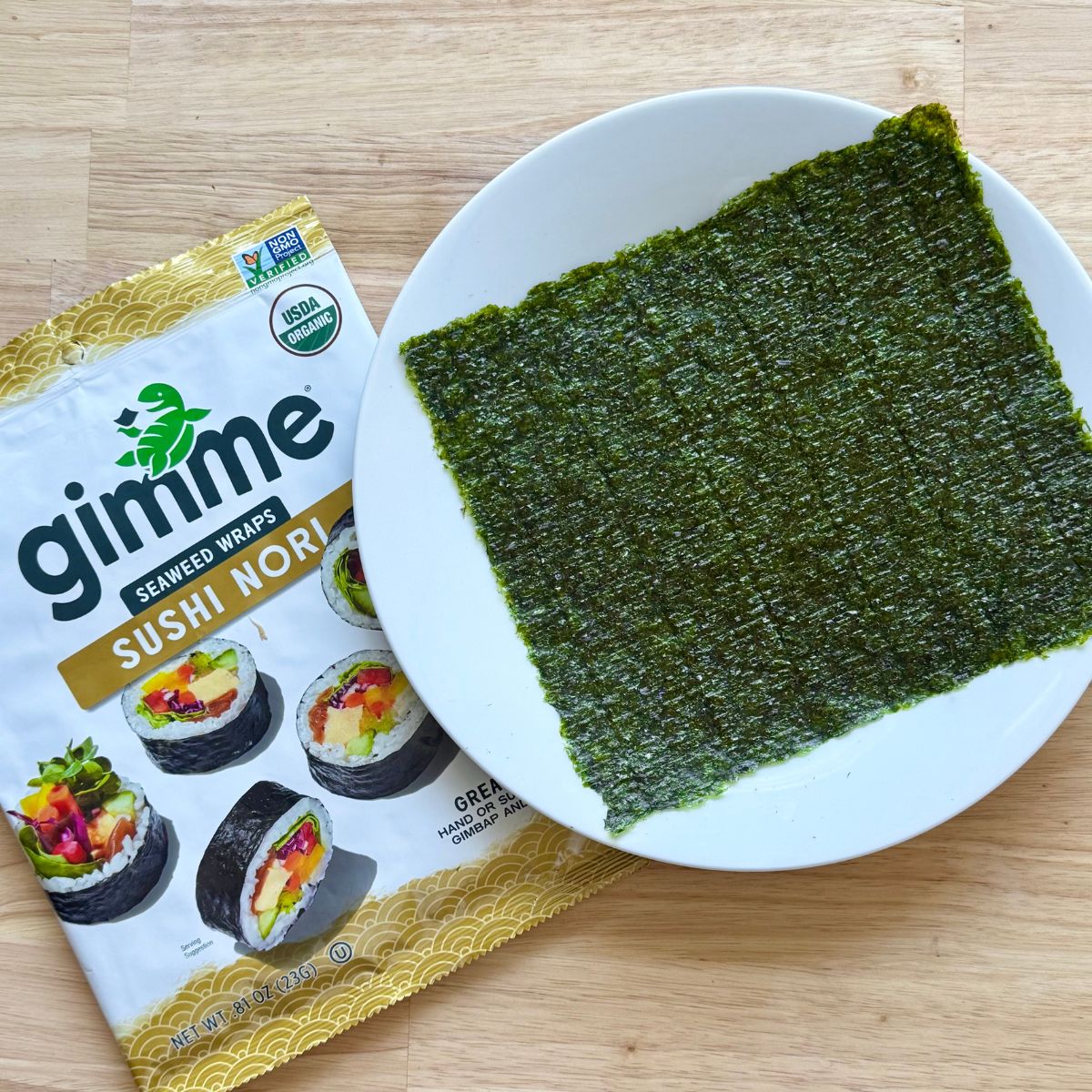 A plate with a sheet of nori.
