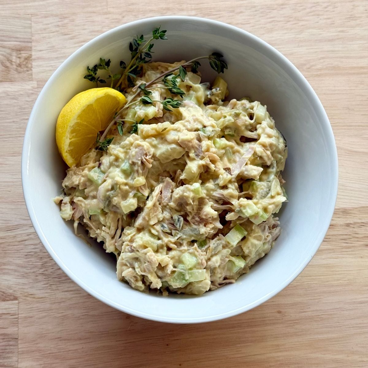 A bowl filled with vegan tuna salad.