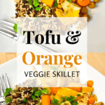 Seared tofu, carrots, orange, and caulifower arrangel on plates.