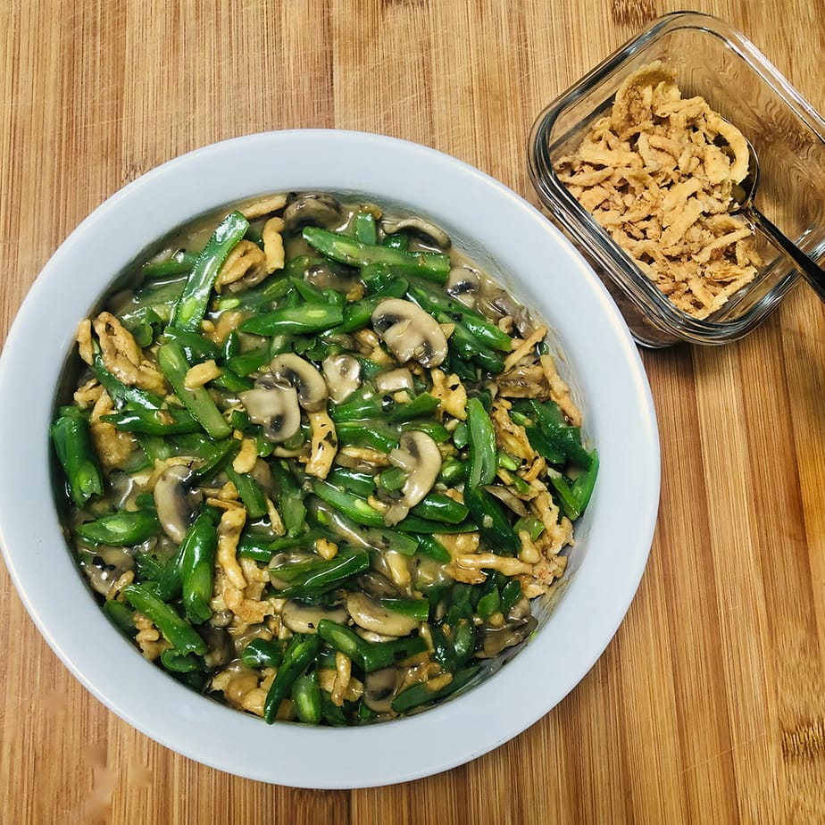 A vegan green bean casserole ready to be baked.
