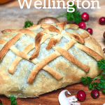 A vegan seitan Wellington with a decorative puff pastry crust.
