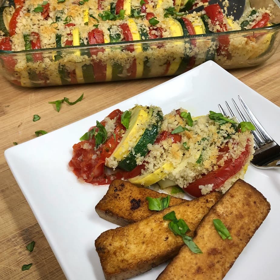 garden zucchini squash casserole and tofu
