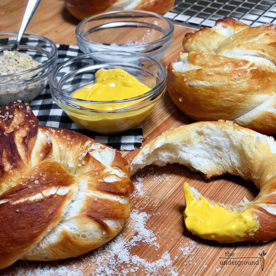 homemade vegan soft pretzels with coarse salt & mustard