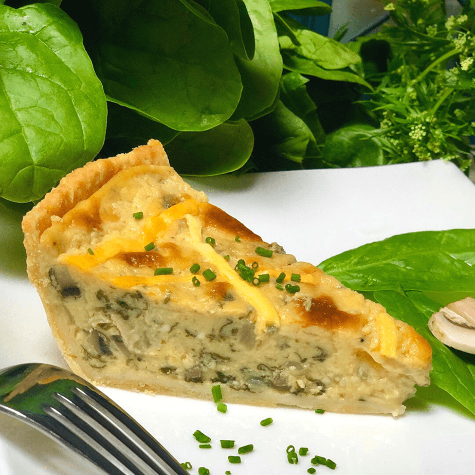 Simple Vegan Quiche with Seitan Ham, Mushrooms, and Spinach