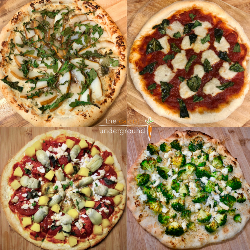 Four variations of vegan pizzas on a wood cutting board.