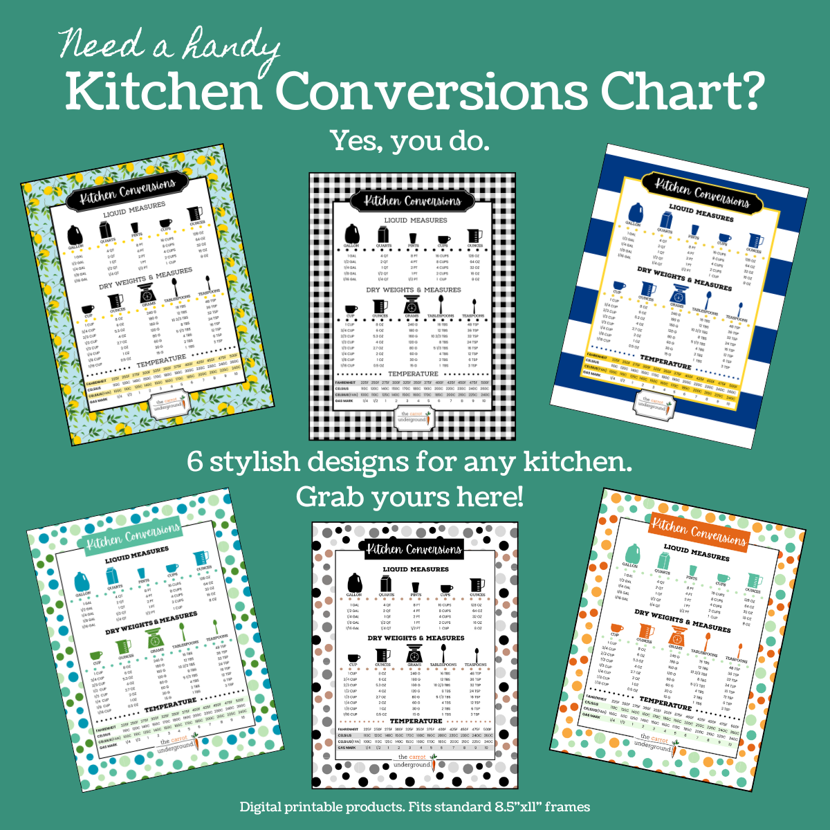 6 assorted printable kitchen conversions charts available to purchase on The Carrot Underground website.