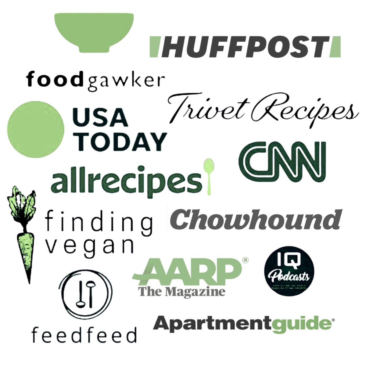 Logos from media and websites that feature content from the Carrot Underground including CNN, USA Today, HuffPost, allrecipes, Trivet Recipes, finding vegan, IQ Podcasts, AARP, Apartmentguide, foodgawker and feedfeed.