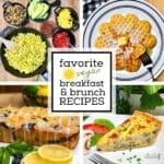 A collage of vegan breakfast and brunch dishes including tofu scramble, waffles, spinach mushroom quiche, and lemon blueberry bread.