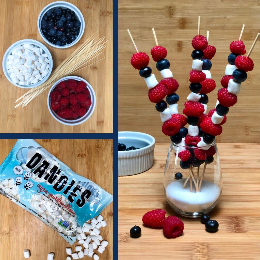 A collage with images of fresh blueberries, raspberries, and mini vegan marshmallows made into red, white and blue skewers on wood skewer sticks for the Fourth of July.