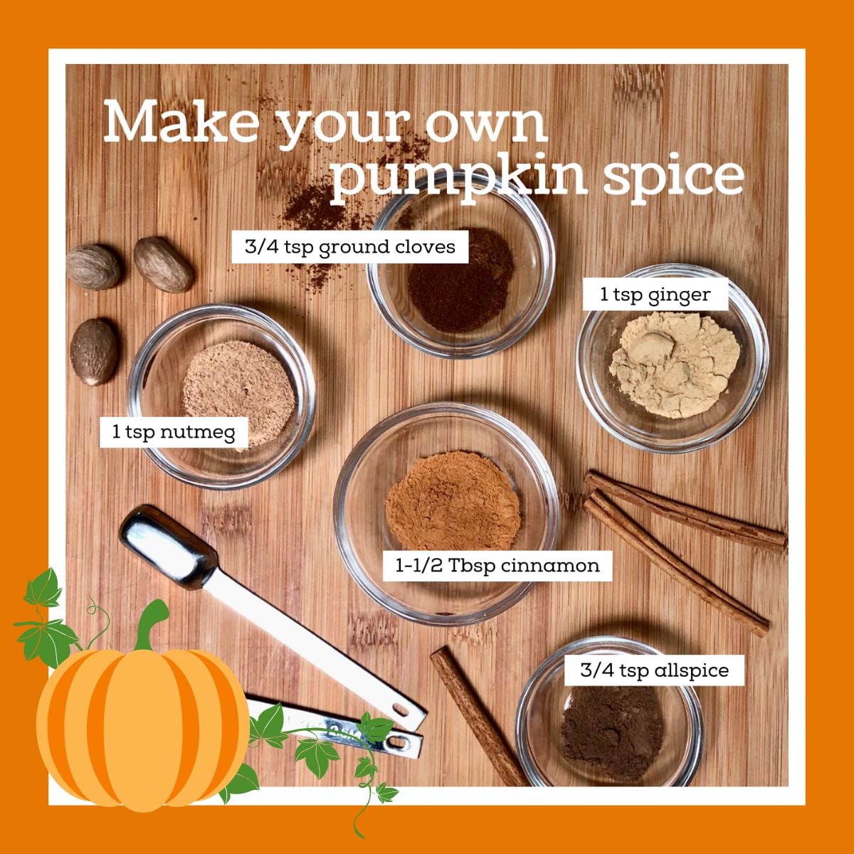 Dishes filled with pumpkin pie spices including cinnamon, nutmeg, ginger, cloves, and allspice.