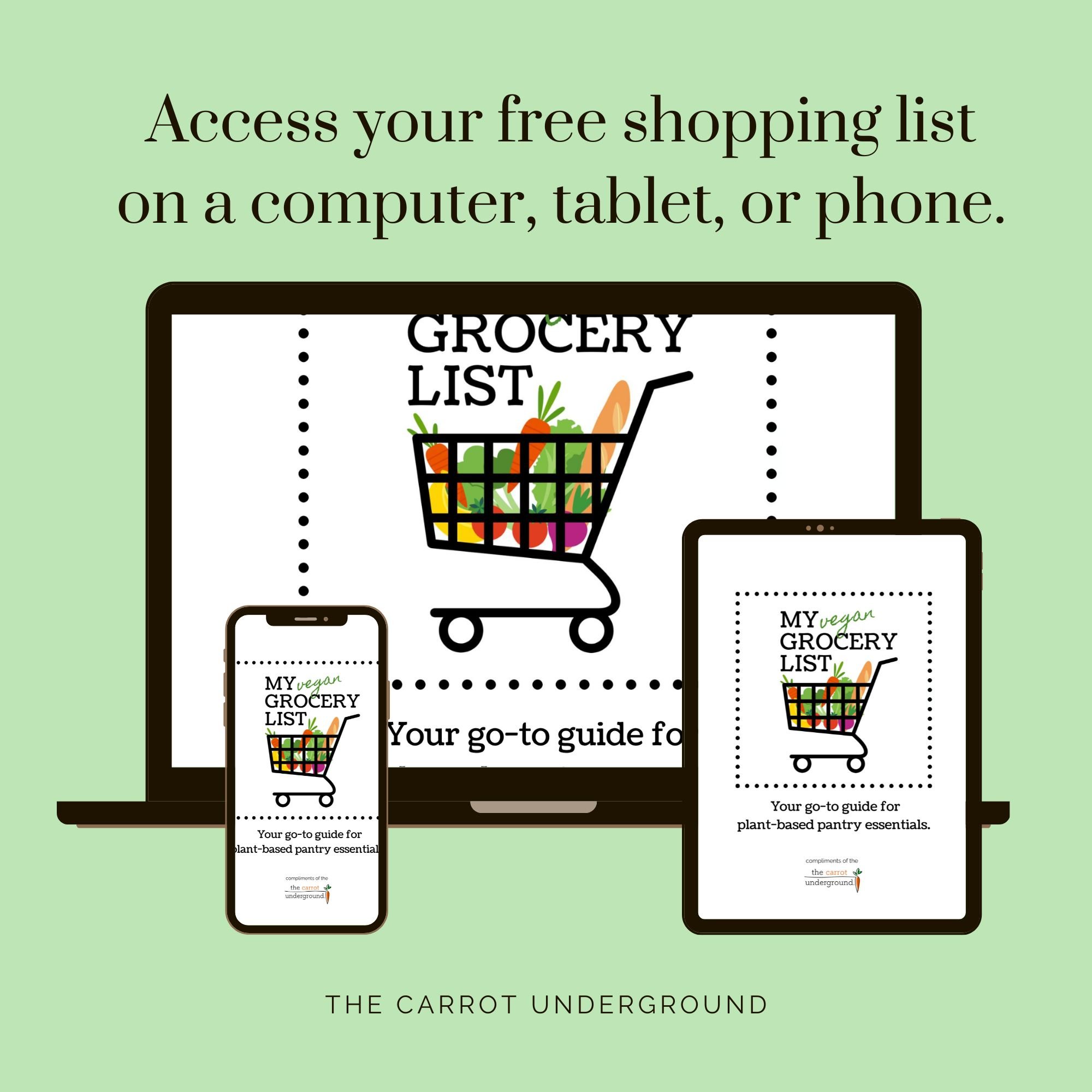Examples of the cover from a downloadable vegan grocery list shown on a computer, tablet, and mobile phone screen.