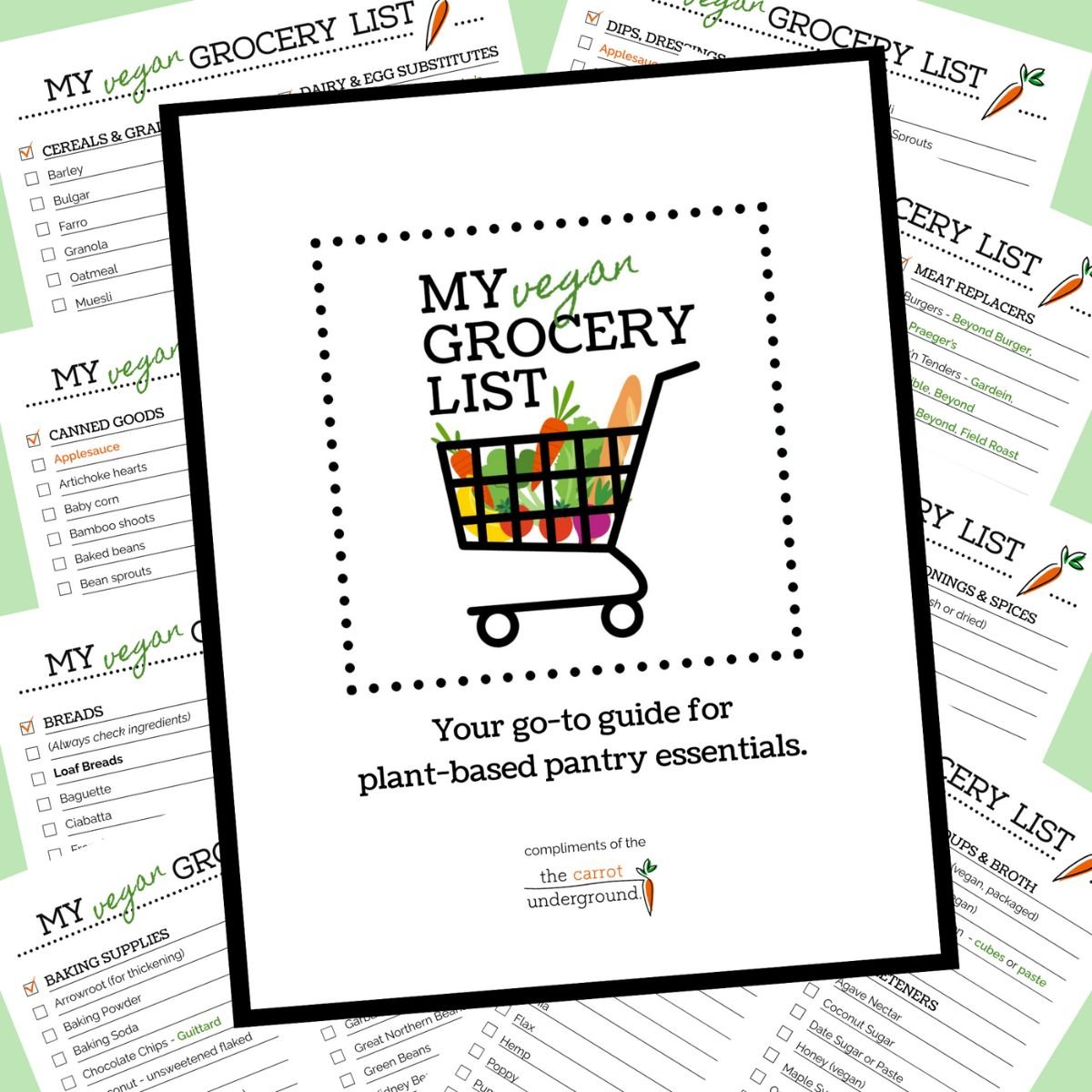 The cover and pages to a downloadable vegan grocery list.