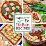 A collage of vegan Italian recipes including a Margherita pizza, pesto on bread topped with diced tomato, a bowl of pasta topped with Bolognese sauce, and a pan of stuffed shells.