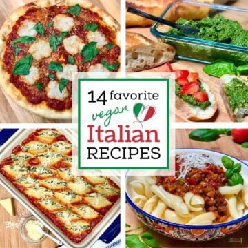 A collage of vegan Italian recipes including a Margherita pizza, pesto on bread topped with diced tomato, a bowl of pasta topped with Bolognese sauce, and a pan of stuffed shells.