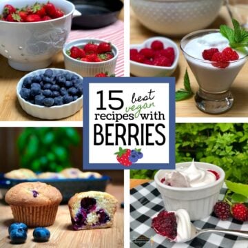 A collage of dishes with berries including blueberries, raspberries, and strawberries in muffins, crumble, and mousse.