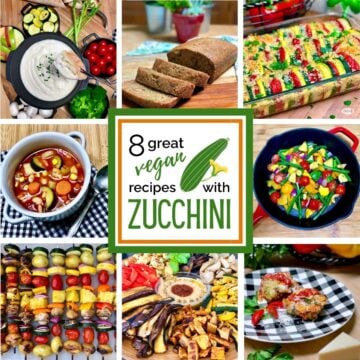 A collage of vegan dishes with zucchini including cheese fondue, zucchini bread, garden zucchini casserole, rustic vegetable soup. sautéed veggies, grilled veggie skewers, roasted Mediterranean veggies, and zucchini ravioli.