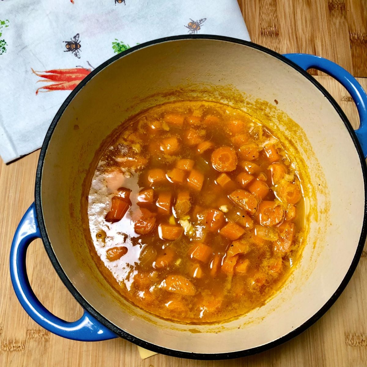 Cooked vegan carrot ginger soup  before blending.