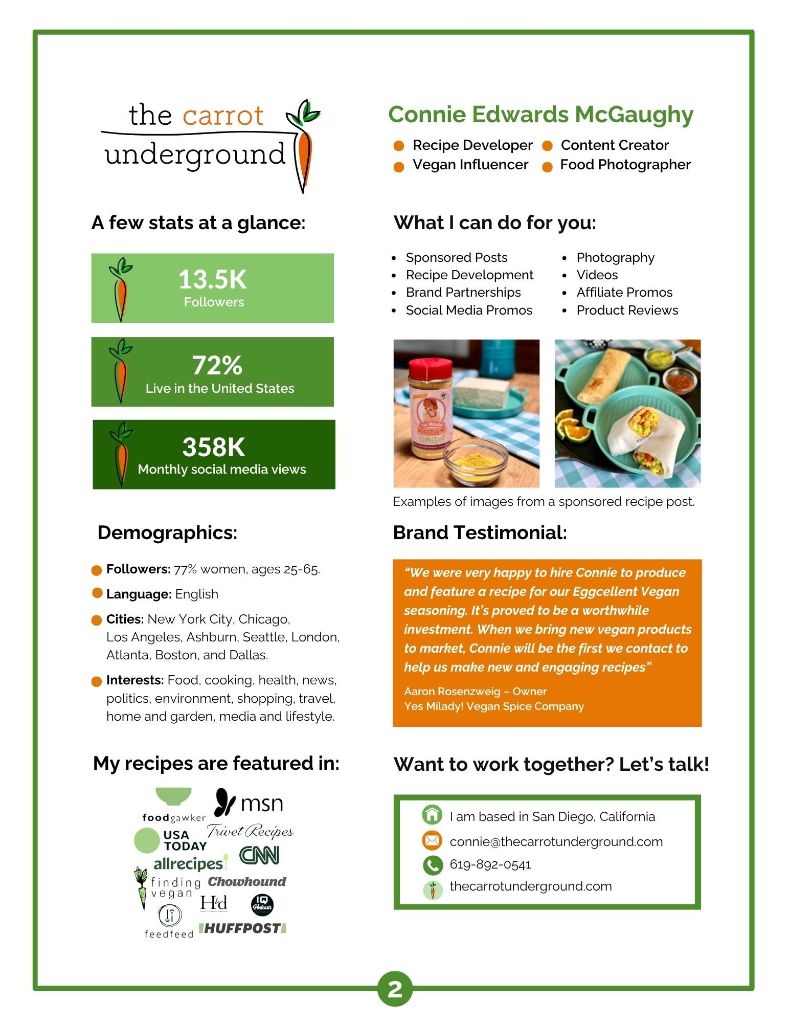 Page 2 of a media kit for the vegan recipe blogger Connie Edwards McGaughy.