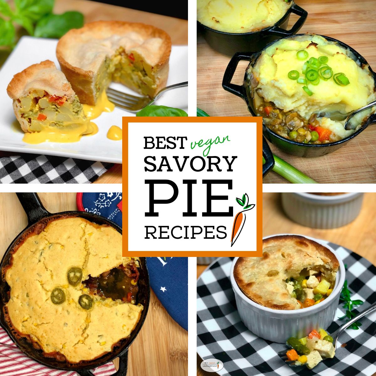 A collage of vegan savory pie dishes including Gardener's Pie, Veggie Pot Pie with Tofu, Broccoli Cheese Pot Pie, and Texas Tamale Pie.