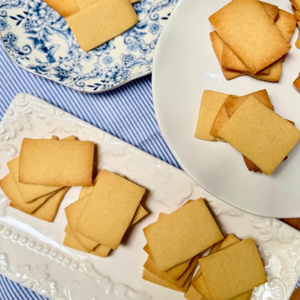 Homemade vegan shortbread cookies on plates.