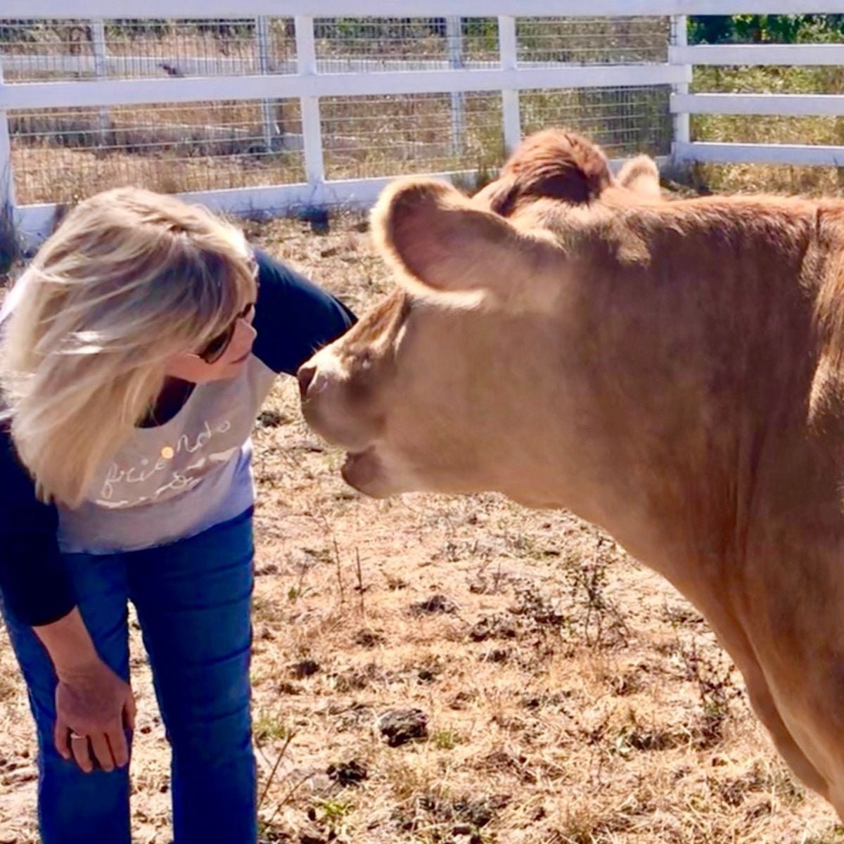 Connie Edwards McGaughy with Jade at Charlie's Acres Farm Animal Sanctuary in Sonoma, California.