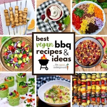 A collage of the vegan barbecue dishes including grilled tofu, watermelon cucumber salad, potato salad, fiesta bean salad, chili, grilled veggie skewers, rainbow wraps, and berry crumble.