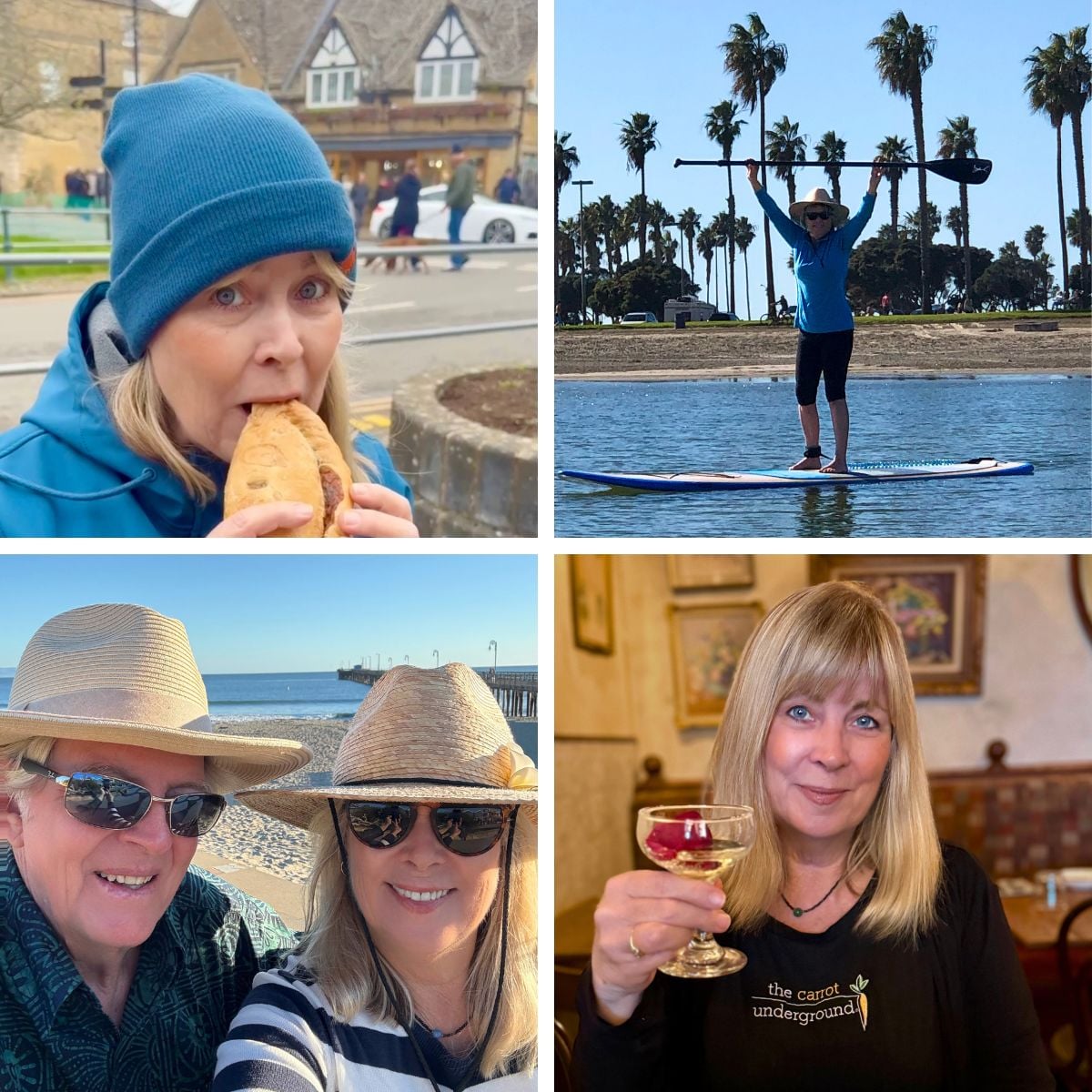 A collage of images of Connie Edwards McGaughy and her husband John at the beach, paddle boarding, eating a pasty in Cotswold, England, and at a restaurant in San Diego, California.