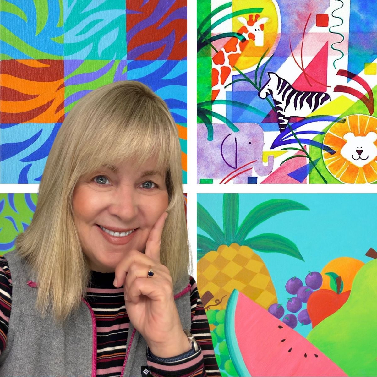 Connie Edwards McGaughy standing in front of a collage of her paintings of animals, fruit. and tiger stripes.