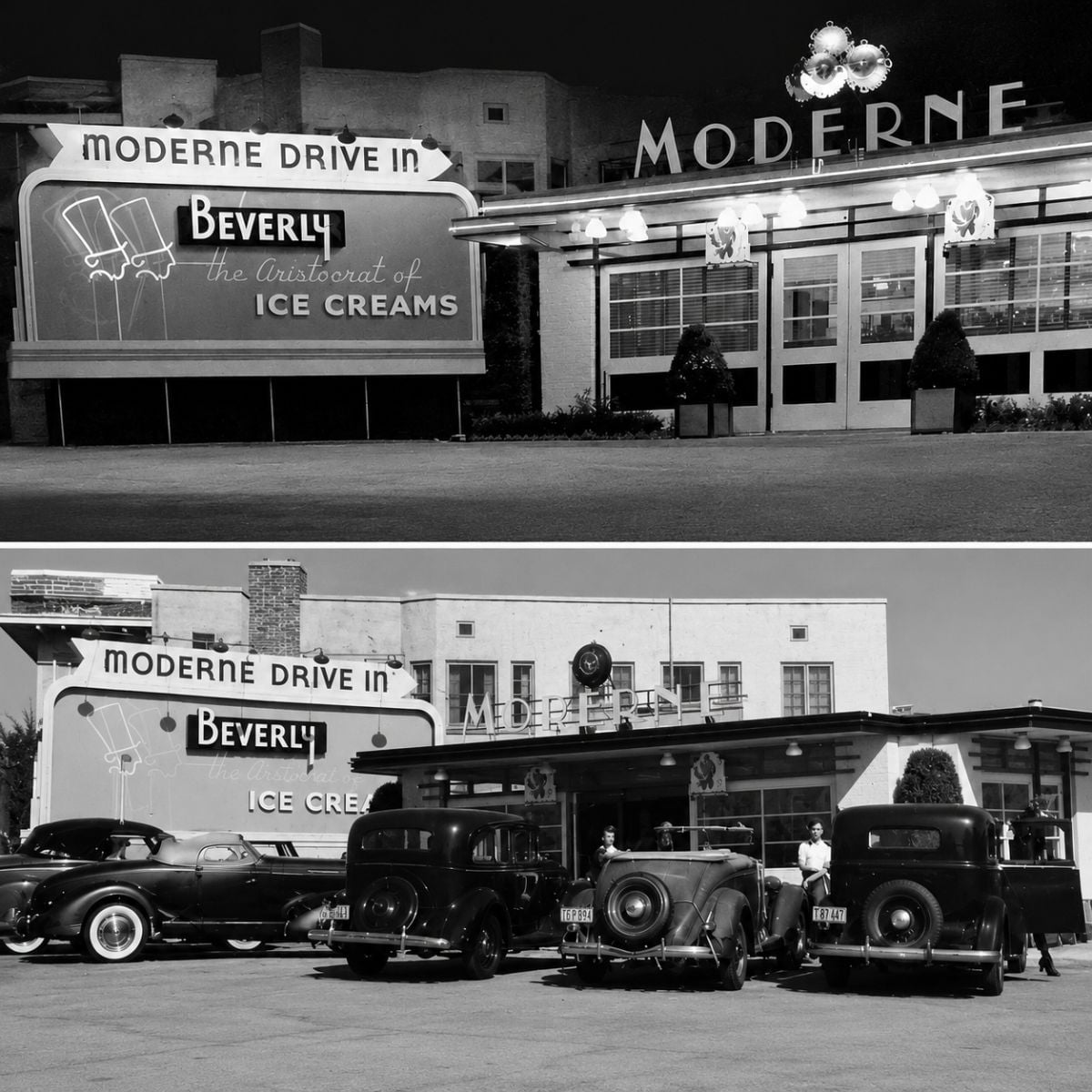 Vintage images of the first classic drive-in restaurant in Los Angeles, known as the Moderne Drive In.