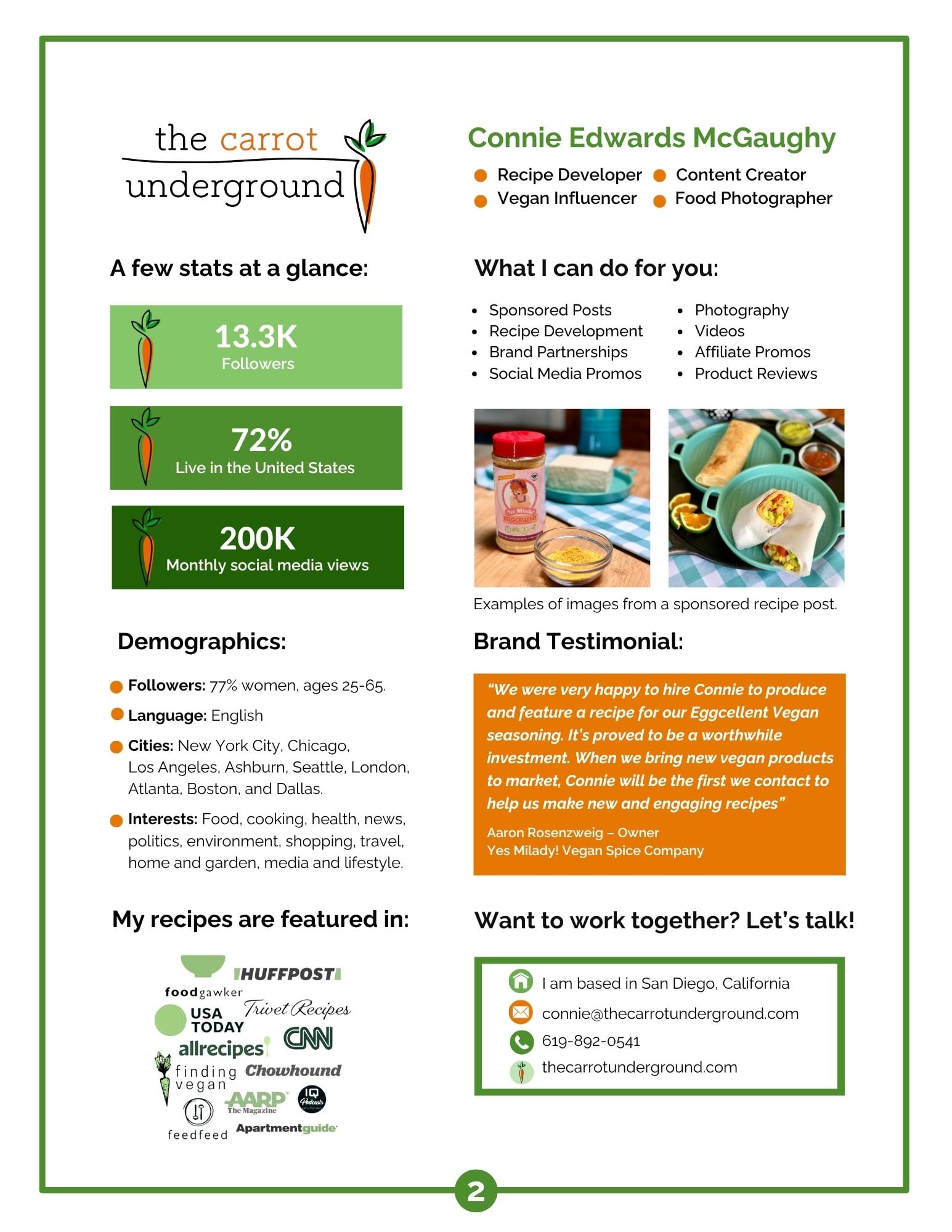 Media kit page 2 from The Carrot Underground vegan recipe and life style blog.