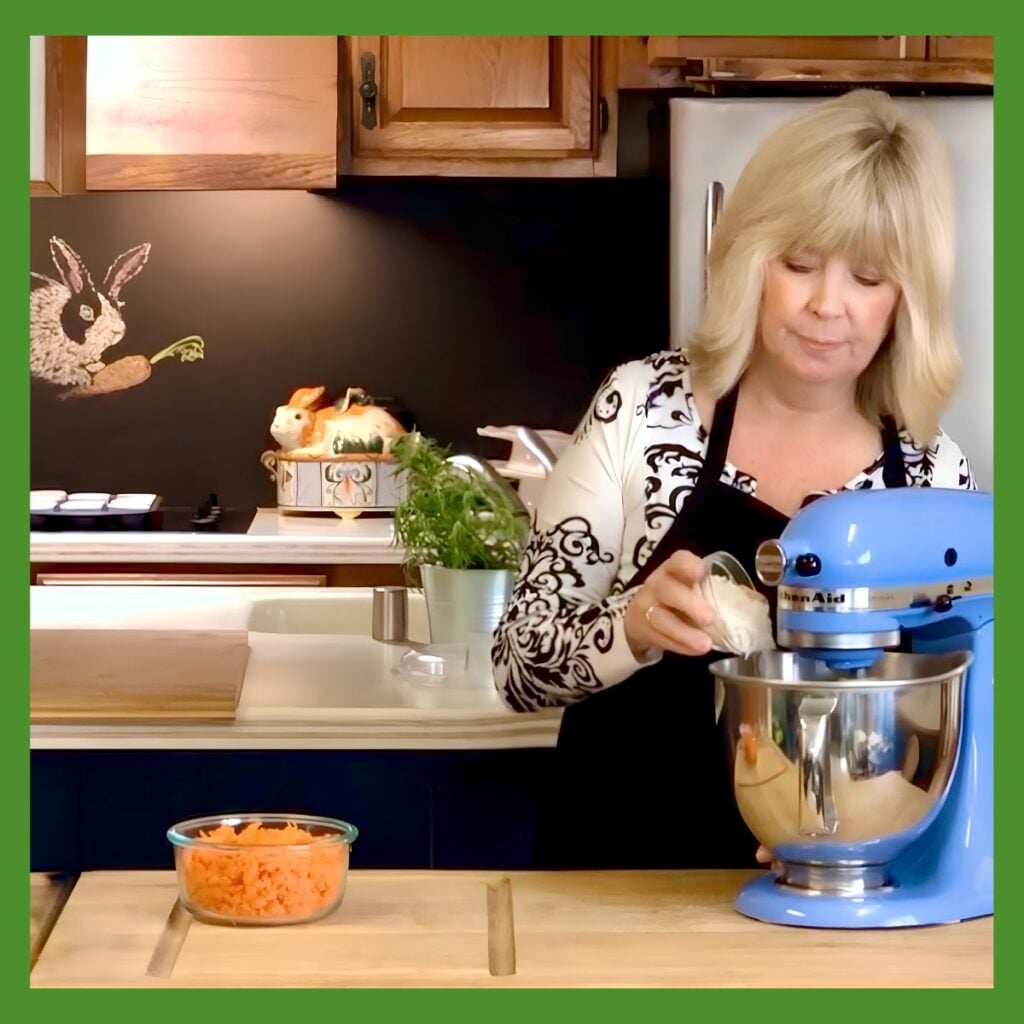 Connie Edwards McGaughy preparing a vegan baking recipe in her kitchen.