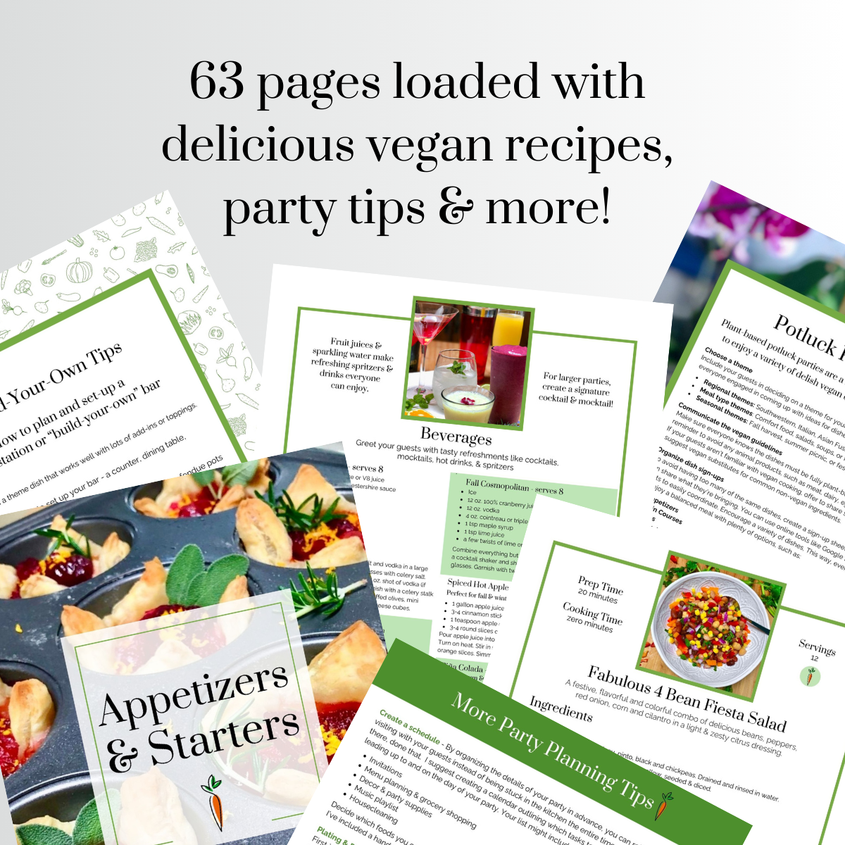 Interior pages from The Carrot Underground Cookbook Volume One featuring vegan recipes and party-planning tips.