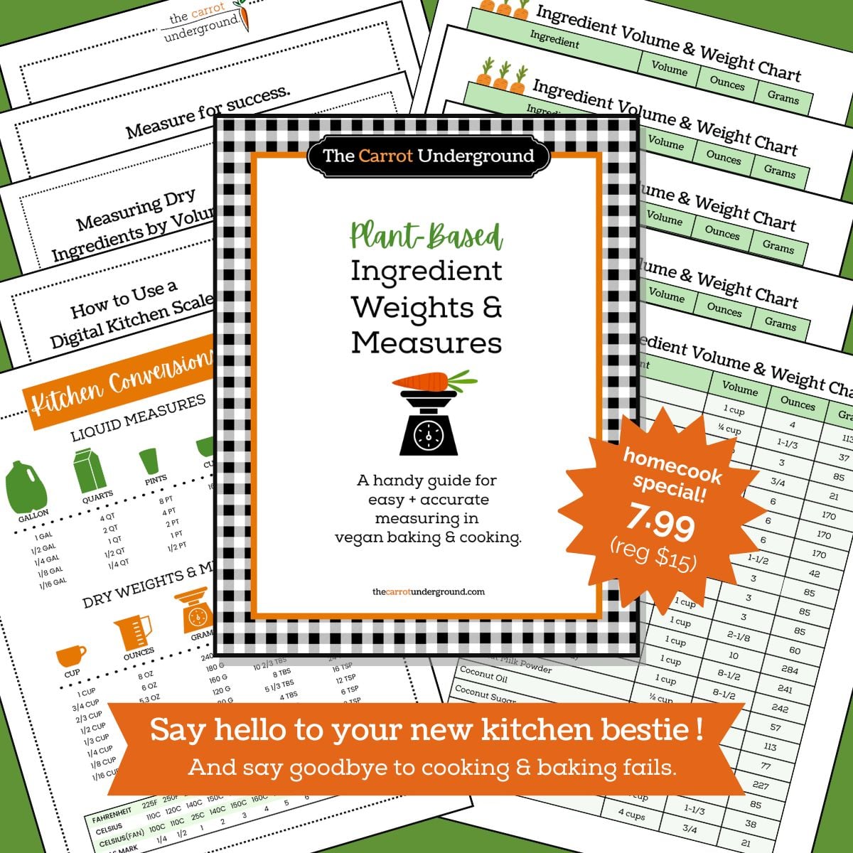 A promotion for a plant-based ingredient weights and measurement guide depicting 3 pages from the guide including the cover with an old-fashioned kitchen scale with a carrot on the scale.