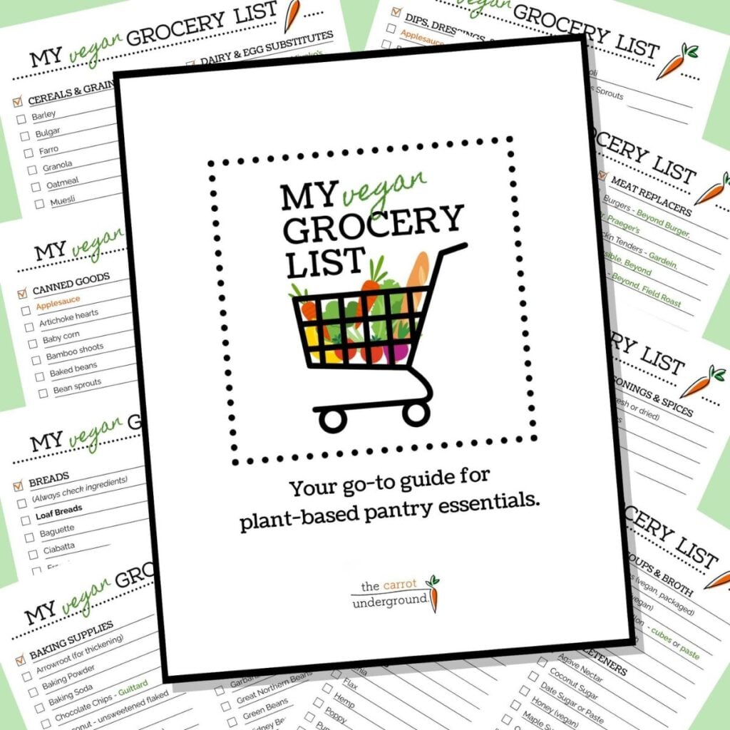 Graphic images of the cover and sample of pages from a vegan grocery shopping guide.