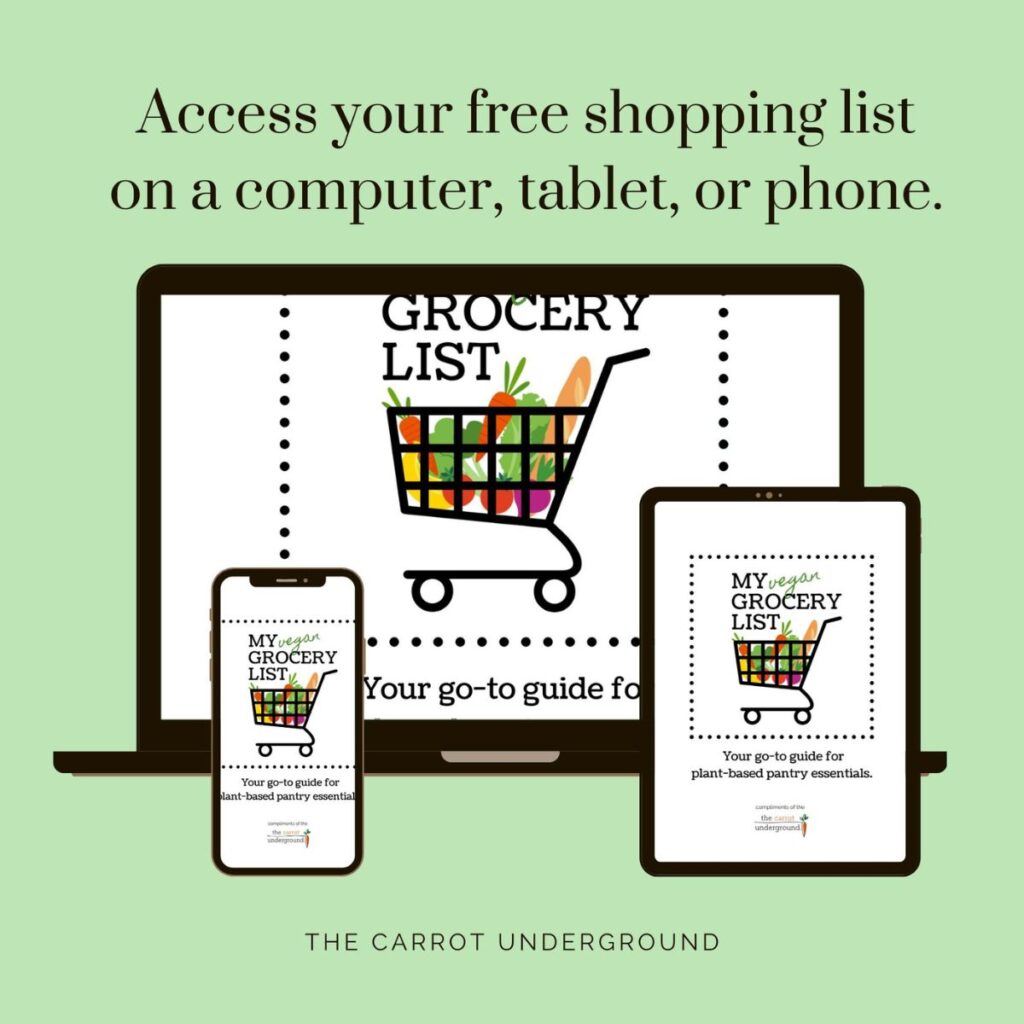 Graphic images of a computer monitor, tablet, and mobile phone featuring the cover of a vegan grocery shopping guide.